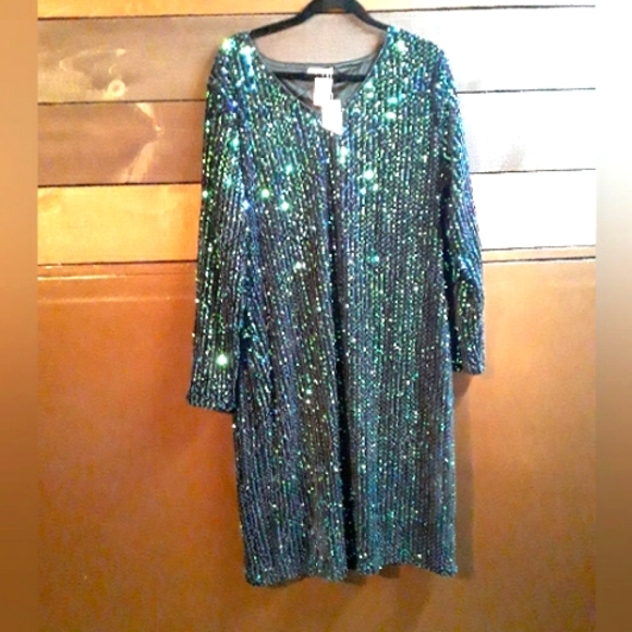 NWT  IN' VOLAND 20W green black long sleeve sequin dress women's - Picture 1 of 7